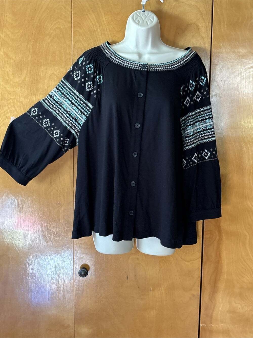 J. Jill Peasant Top Black Embroidered Size XL Petite Flowy Soft Cotton Blend NEW
